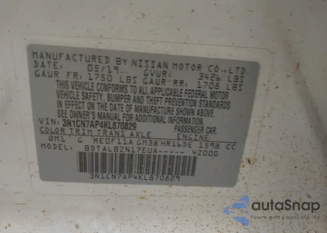 2019 Nissan Versa 1.6 Sv из США, поврежденный, VIN 3N1CN7AP4KL870829